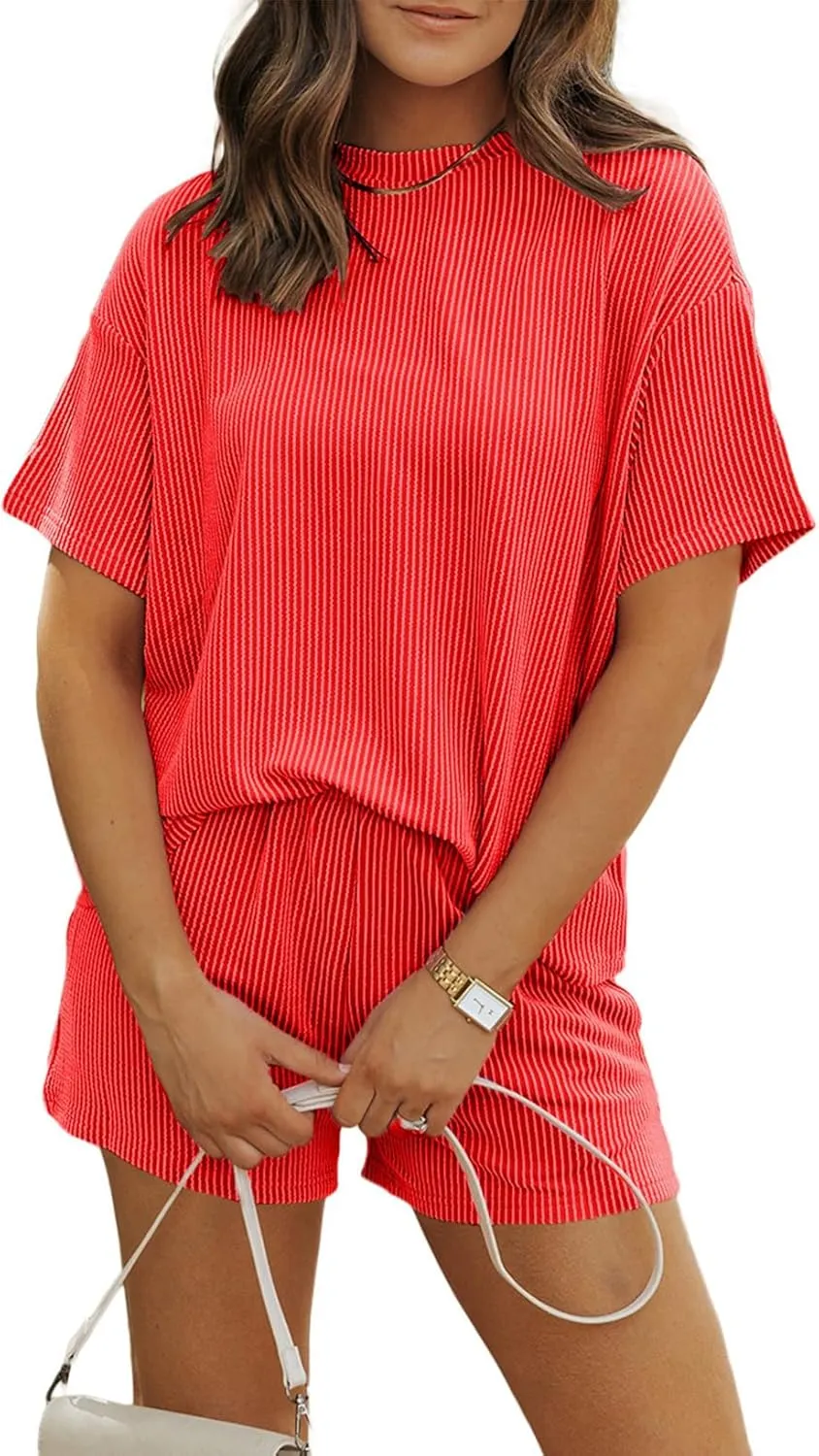 MARZXIN Women's 2 Piece Outfits Summer Tracksuit Ribbed Textured Knit Loose Lounge Shorts Set