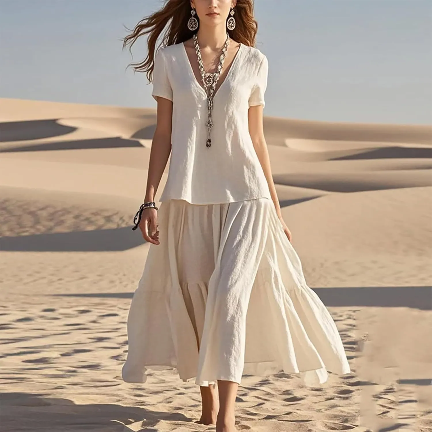 Maxi Summer Dresses for Women 2025 Cotton Linen Dress Flowy Long Dresses Ruffle Beach Dress V Neck Lace Up Sundress