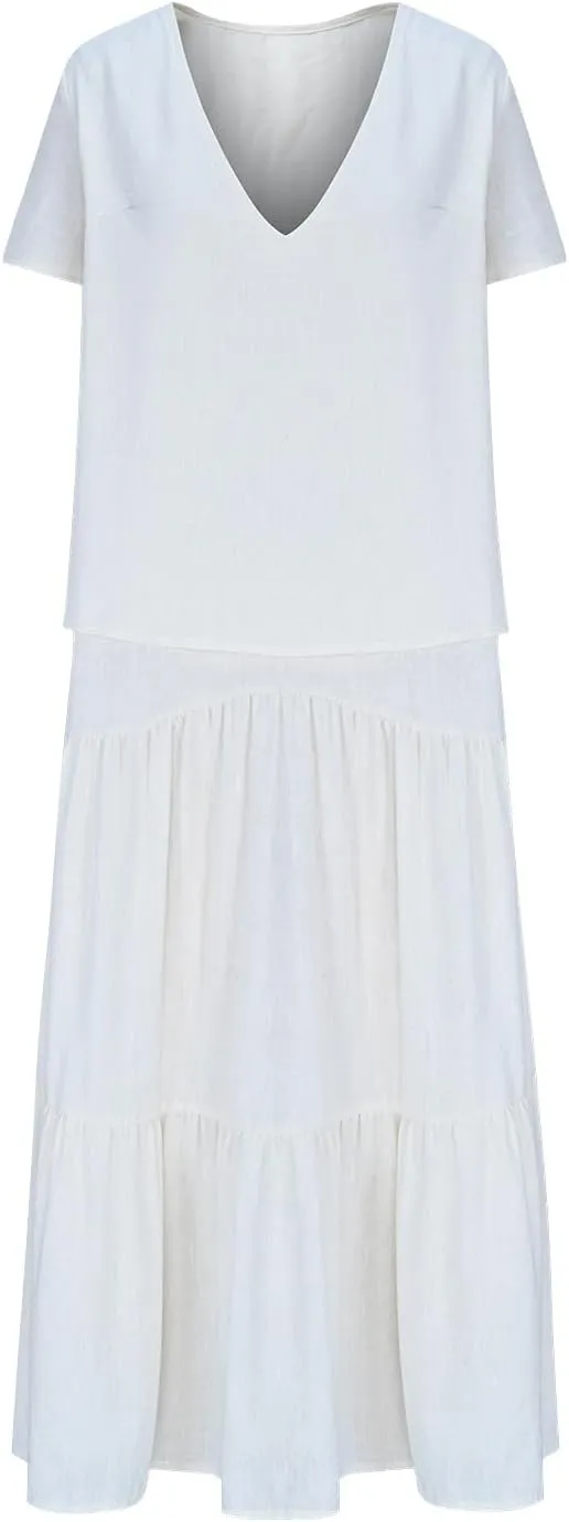 Maxi Summer Dresses for Women 2025 Cotton Linen Dress Flowy Long Dresses Ruffle Beach Dress V Neck Lace Up Sundress