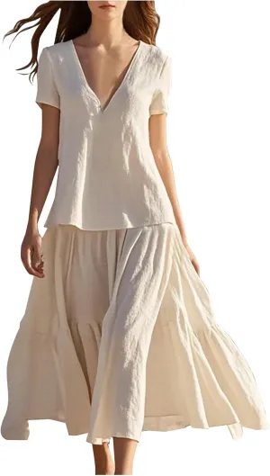 Maxi Summer Dresses for Women 2025 Cotton Linen Dress Flowy Long Dresses Ruffle Beach Dress V Neck Lace Up Sundress