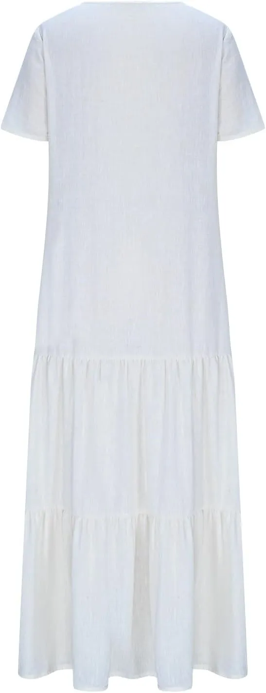 Maxi Summer Dresses for Women 2025 Cotton Linen Dress Flowy Long Dresses Ruffle Beach Dress V Neck Lace Up Sundress