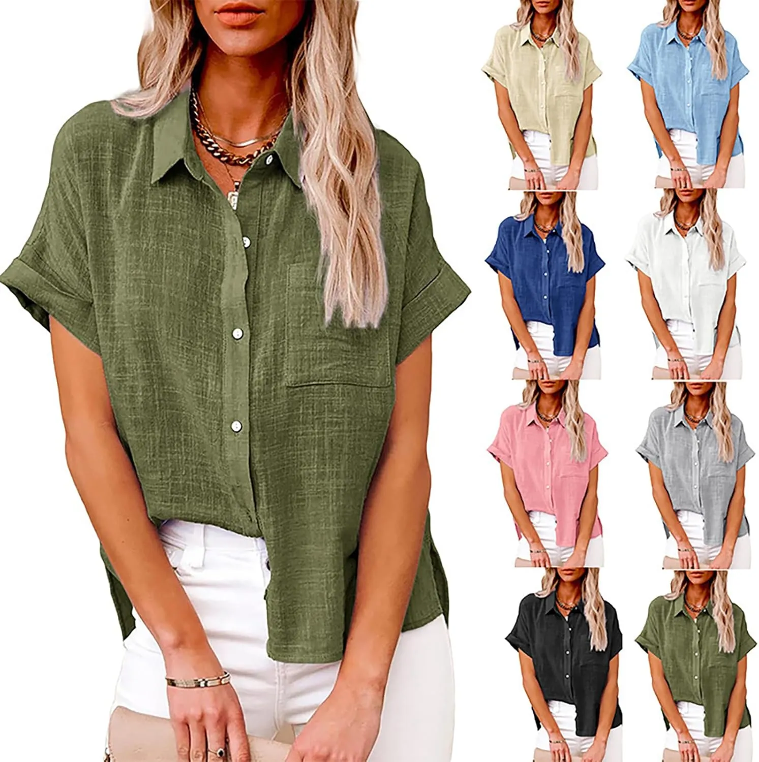 Mayntop Cotton Linen Shirts for Women Solid Color Oversized Button-Down Collar Loose Top T-Shirt Tee Shirt Blouse