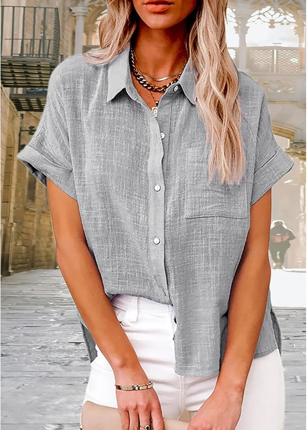 Mayntop Cotton Linen Shirts for Women Solid Color Oversized Button-Down Collar Loose Top T-Shirt Tee Shirt Blouse