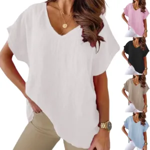 Mayntop Women Plus Size Cotton Linen Solid Color/Print Loose Summer V-Neck T-Shirt Top Short Sleeve Blouse