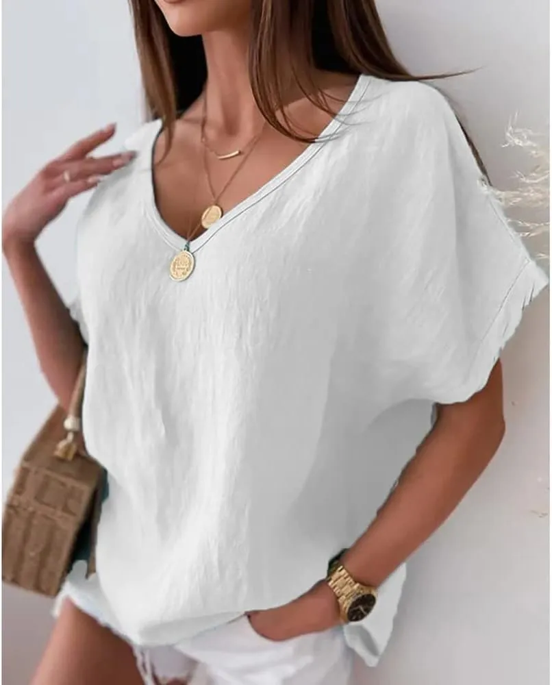 Mayntop Women Plus Size Cotton Linen Solid Color/Print Loose Summer V-Neck T-Shirt Top Short Sleeve Blouse