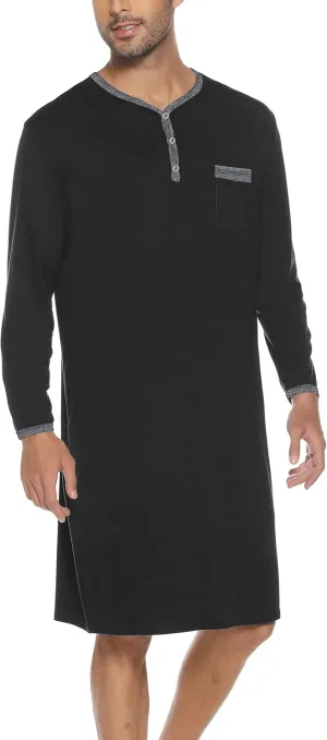 Men Long Sleeve Nightshirt Knee Length Nightgown Cotton Sleep Shirt Lounge Wear with Chest Pocket