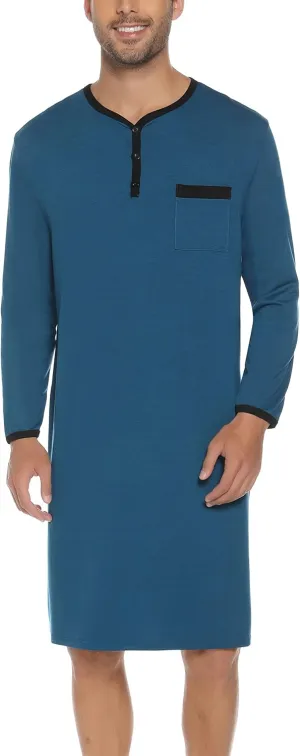 Men Long Sleeve Nightshirt Knee Length Nightgown Cotton Sleep Shirt Lounge Wear with Chest Pocket
