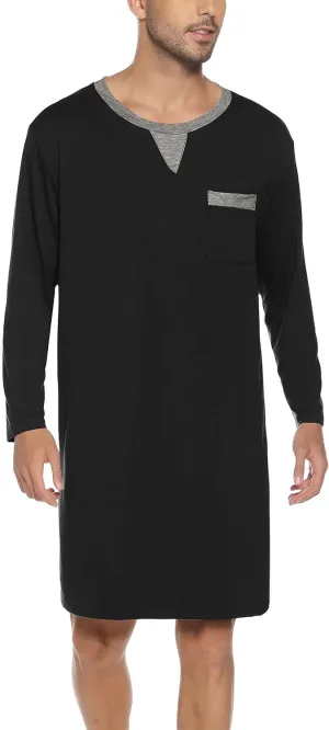 Men Long Sleeve Nightshirt Knee Length Nightgown Cotton Sleep Shirt Lounge Wear with Chest Pocket