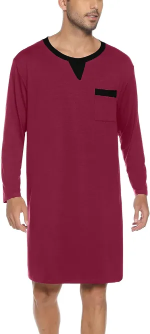 Men Long Sleeve Nightshirt Knee Length Nightgown Cotton Sleep Shirt Lounge Wear with Chest Pocket