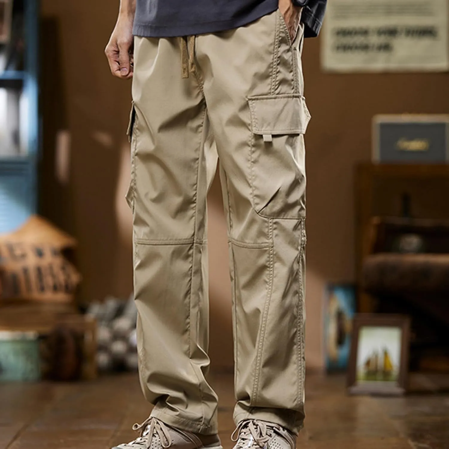 Men's Casual Cargo Pants with Multi Flap Pockets & Drawstring Elastic Waist, Stretch Hiking Tactical Work Pants