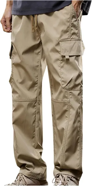 Men's Casual Cargo Pants with Multi Flap Pockets & Drawstring Elastic Waist, Stretch Hiking Tactical Work Pants