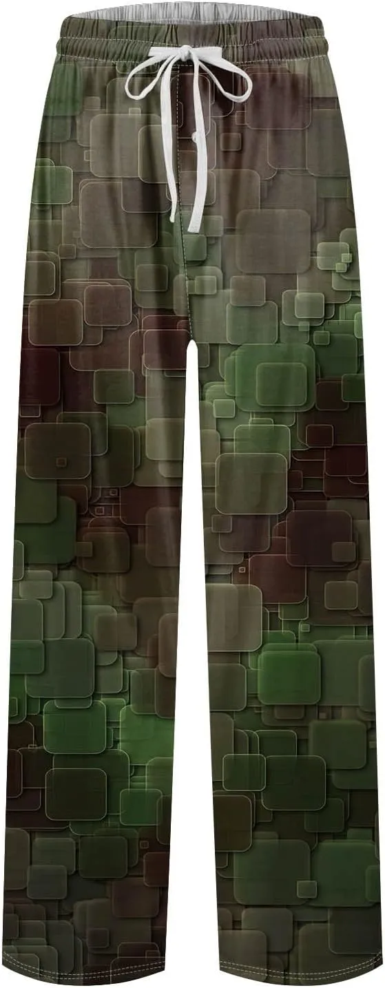 Men's Casual Drawstring Print Pants Fashion Lightweight Jogger Pants Elastic Waist Straight Leg Trouser with Pockets