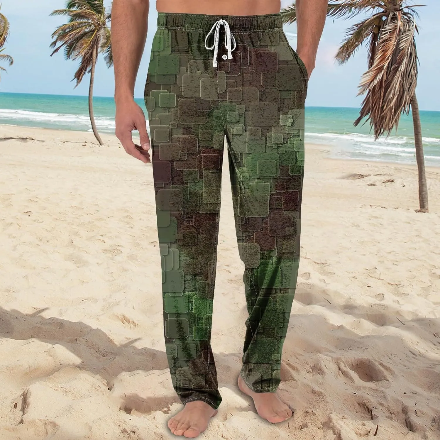 Men's Casual Drawstring Print Pants Fashion Lightweight Jogger Pants Elastic Waist Straight Leg Trouser with Pockets