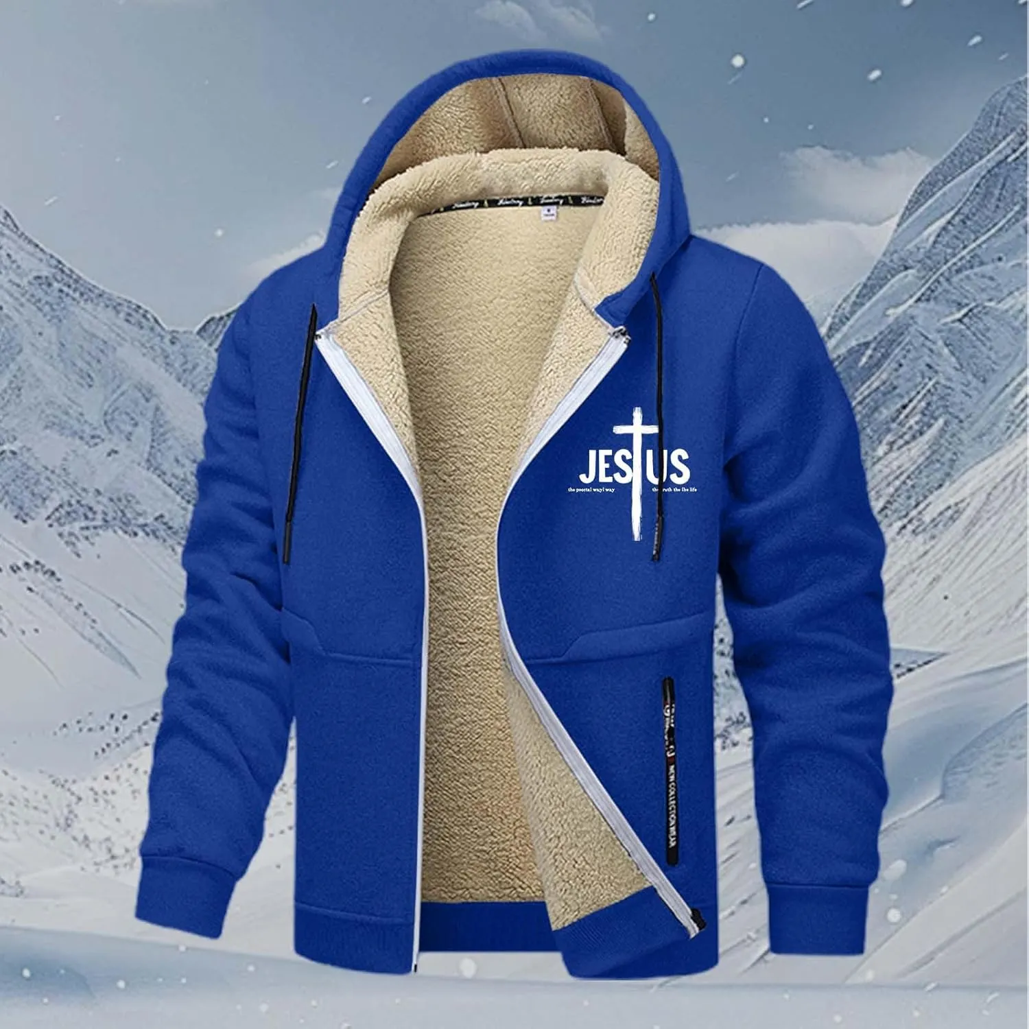 Mens Christian Jesus Hoodie Jackets Furry Plush Fleece Lined Long Sleeve Cross Graphic Print Zip-Up Sweatshirts Thermal Coat
