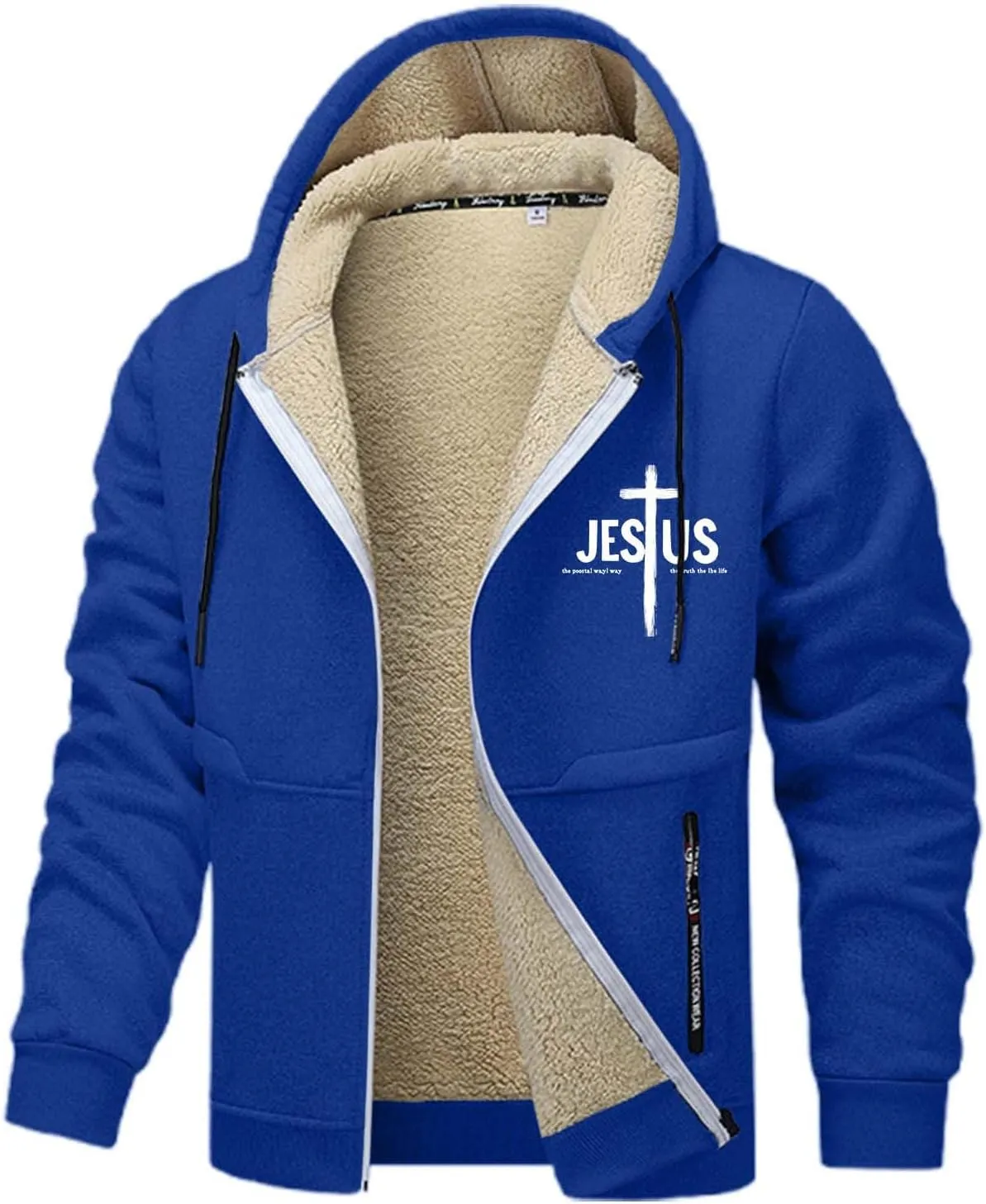 Mens Christian Jesus Hoodie Jackets Furry Plush Fleece Lined Long Sleeve Cross Graphic Print Zip-Up Sweatshirts Thermal Coat