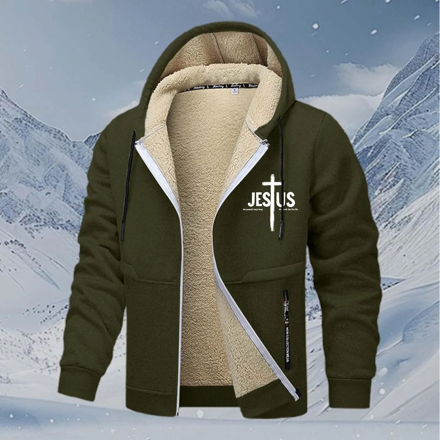 Mens Christian Jesus Hoodie Jackets Furry Plush Fleece Lined Long Sleeve Cross Graphic Print Zip-Up Sweatshirts Thermal Coat