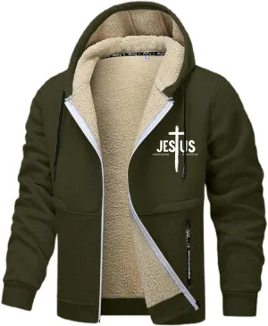 Mens Christian Jesus Hoodie Jackets Furry Plush Fleece Lined Long Sleeve Cross Graphic Print Zip-Up Sweatshirts Thermal Coat