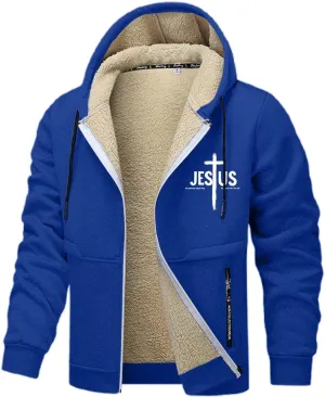 Mens Christian Jesus Hoodie Jackets Furry Plush Fleece Lined Long Sleeve Cross Graphic Print Zip-Up Sweatshirts Thermal Coat