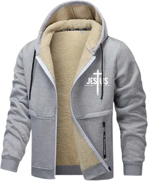 Mens Christian Jesus Hoodie Jackets Furry Plush Fleece Lined Long Sleeve Cross Graphic Print Zip-Up Sweatshirts Thermal Coat