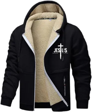 Mens Christian Jesus Hoodie Jackets Furry Plush Fleece Lined Long Sleeve Cross Graphic Print Zip-Up Sweatshirts Thermal Coat