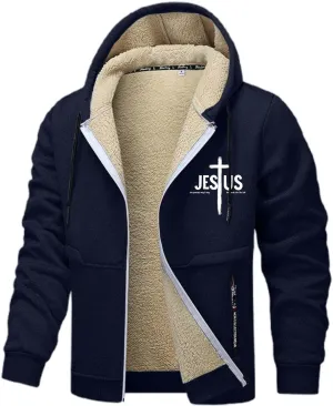 Mens Christian Jesus Hoodie Jackets Furry Plush Fleece Lined Long Sleeve Cross Graphic Print Zip-Up Sweatshirts Thermal Coat