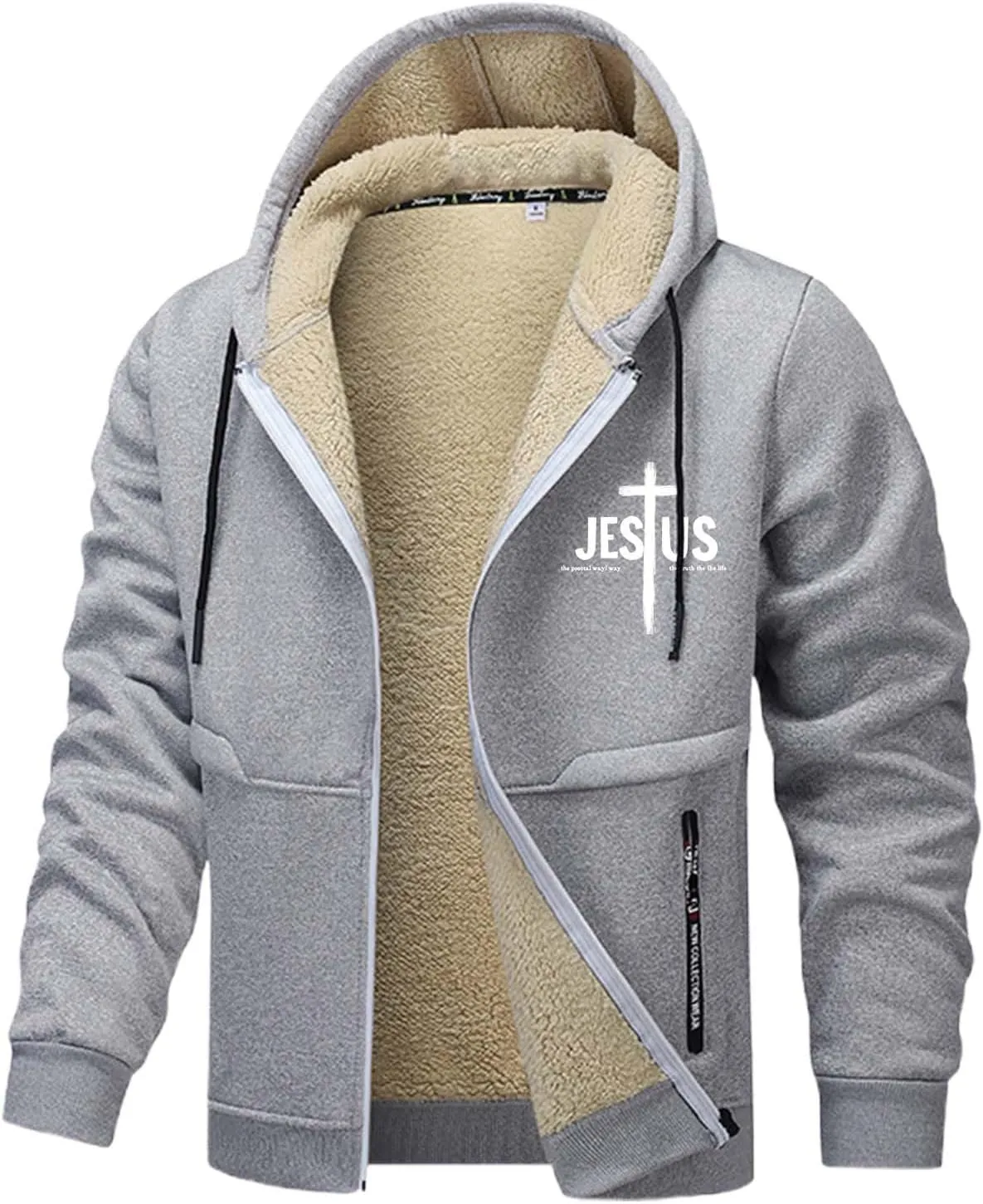 Mens Christian Jesus Hoodie Jackets Furry Plush Fleece Lined Long Sleeve Cross Graphic Print Zip-Up Sweatshirts Thermal Coat