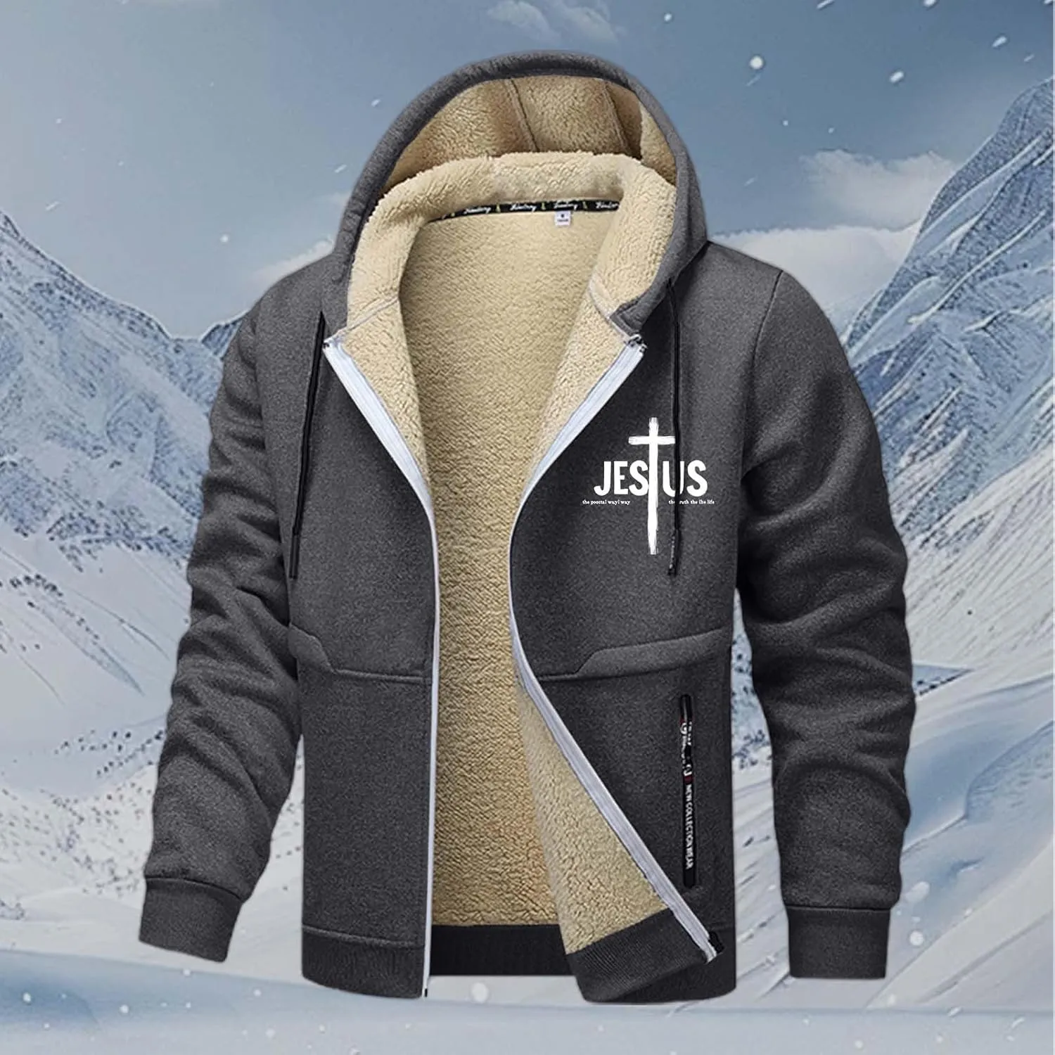 Mens Christian Jesus Hoodie Jackets Furry Plush Fleece Lined Long Sleeve Cross Graphic Print Zip-Up Sweatshirts Thermal Coat
