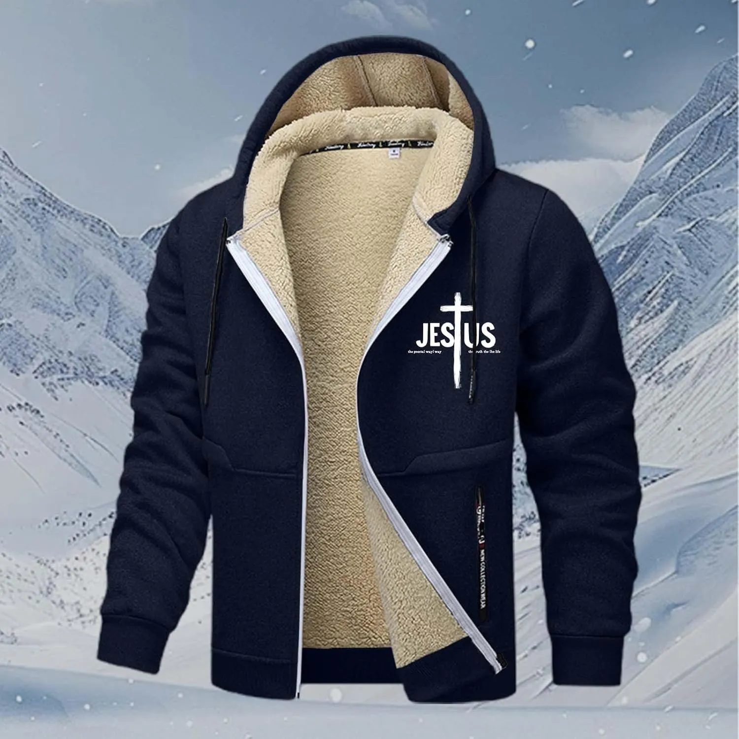 Mens Christian Jesus Hoodie Jackets Furry Plush Fleece Lined Long Sleeve Cross Graphic Print Zip-Up Sweatshirts Thermal Coat