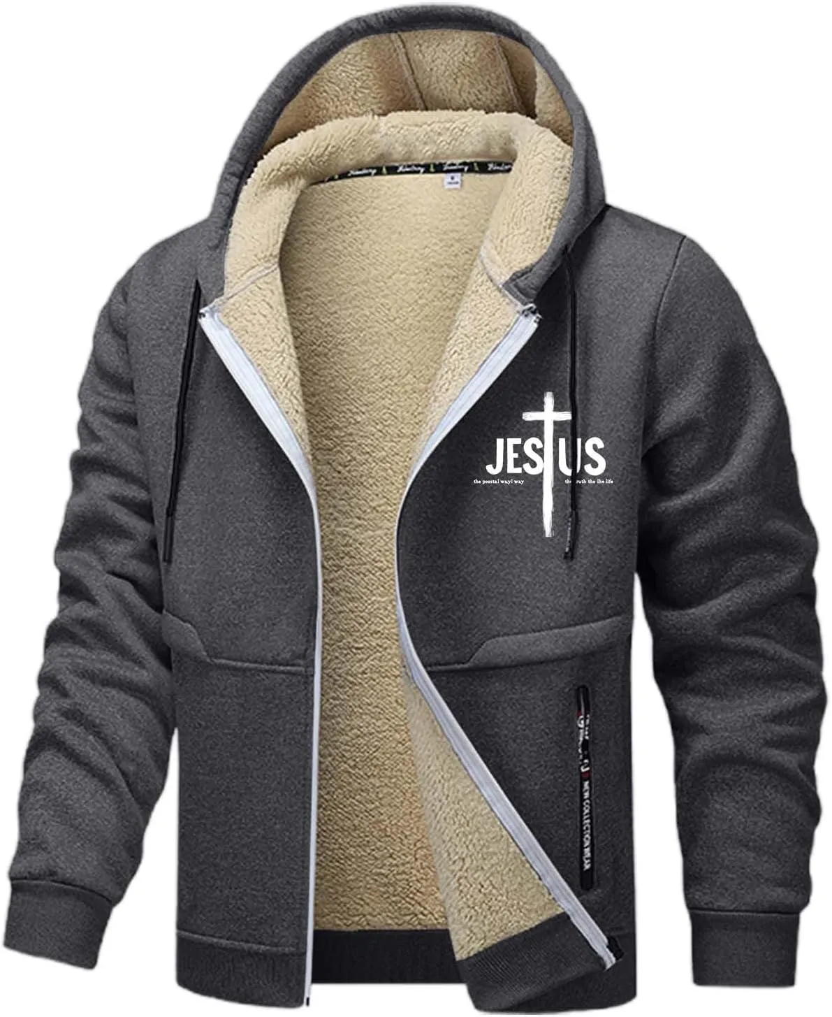 Mens Christian Jesus Hoodie Jackets Furry Plush Fleece Lined Long Sleeve Cross Graphic Print Zip-Up Sweatshirts Thermal Coat