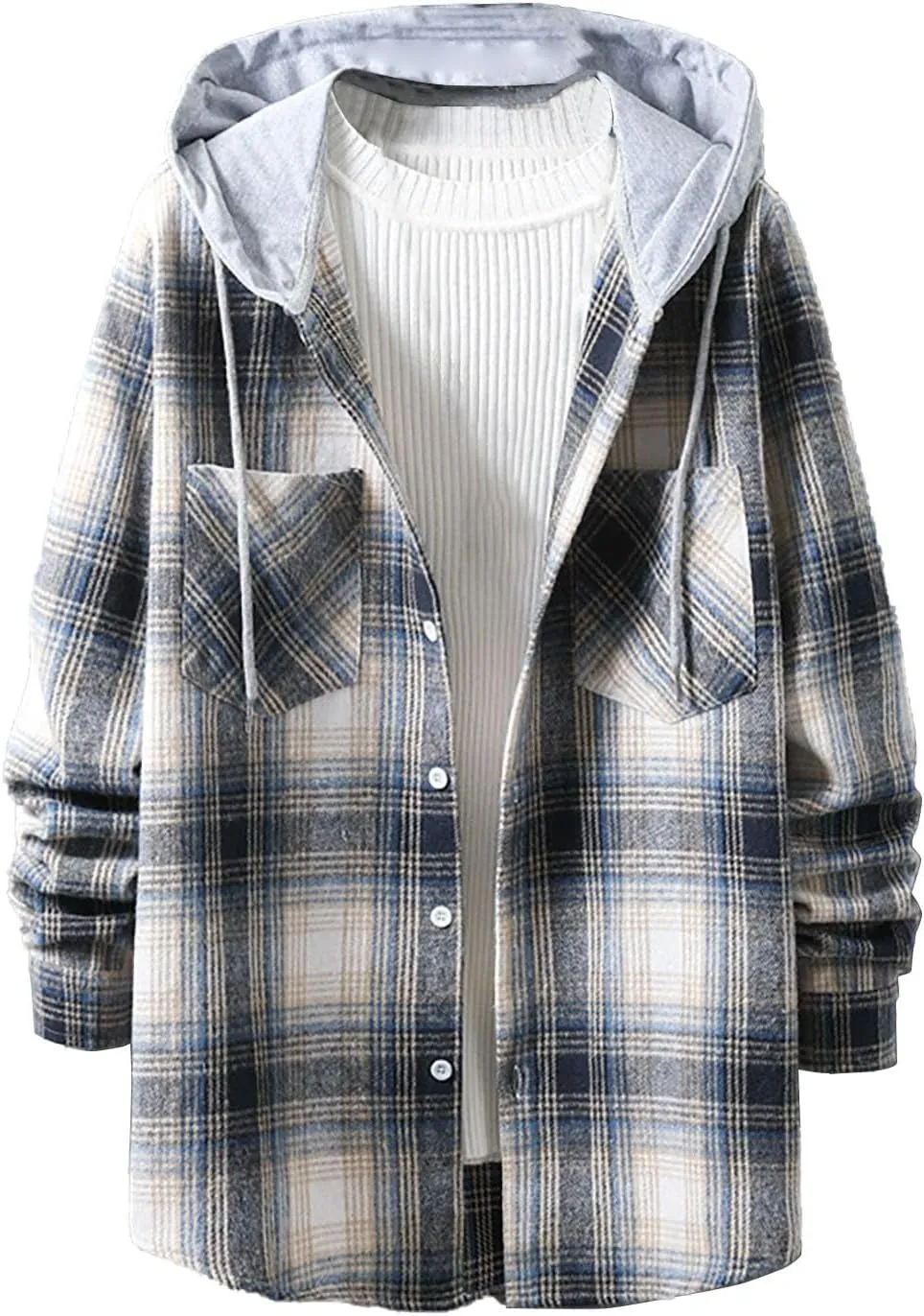 Mens Flannel Shirts Long Sleeve Plaid Lightweight Hooded Flannel Shirt Jacket Casual Button Down Fall Shacket