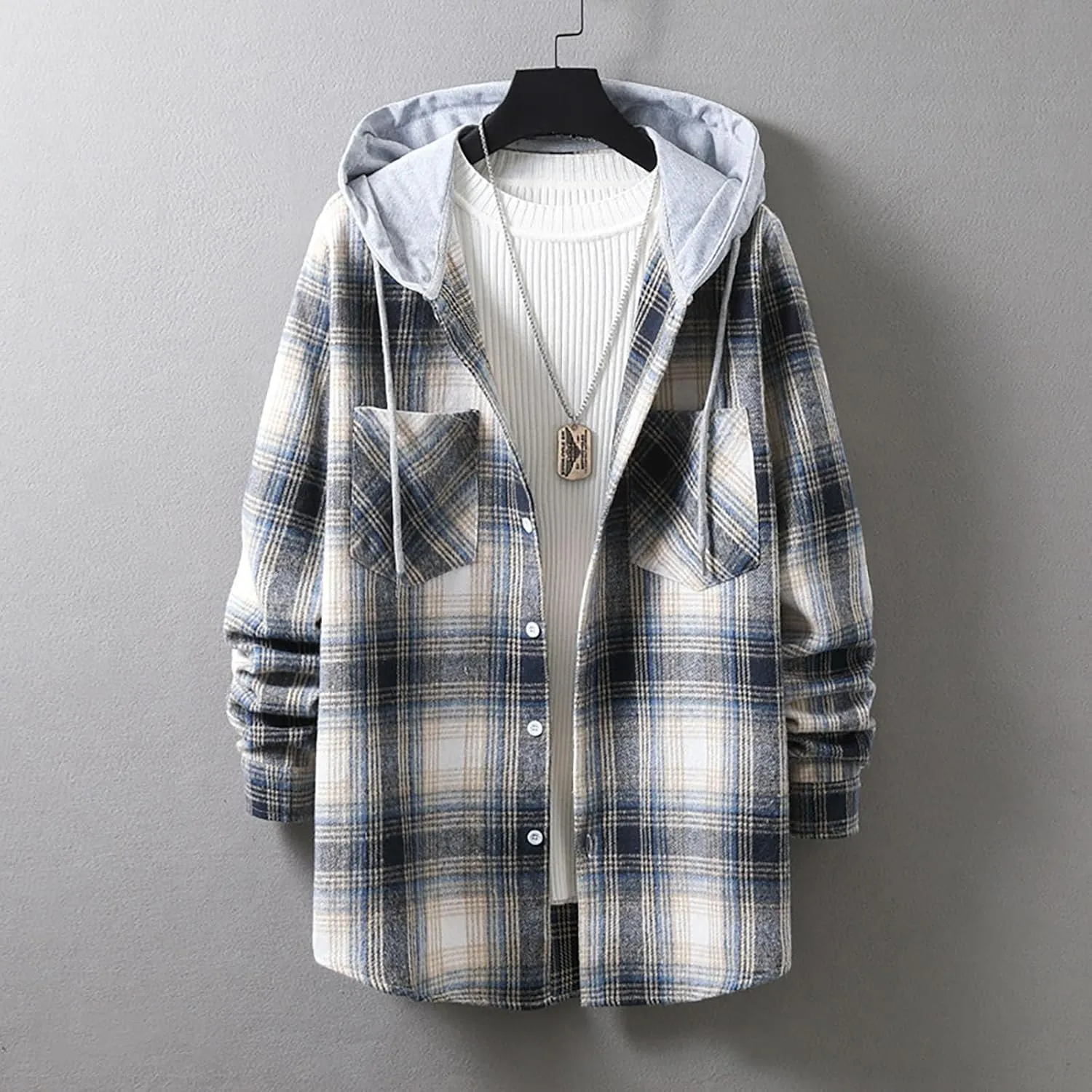 Mens Flannel Shirts Long Sleeve Plaid Lightweight Hooded Flannel Shirt Jacket Casual Button Down Fall Shacket