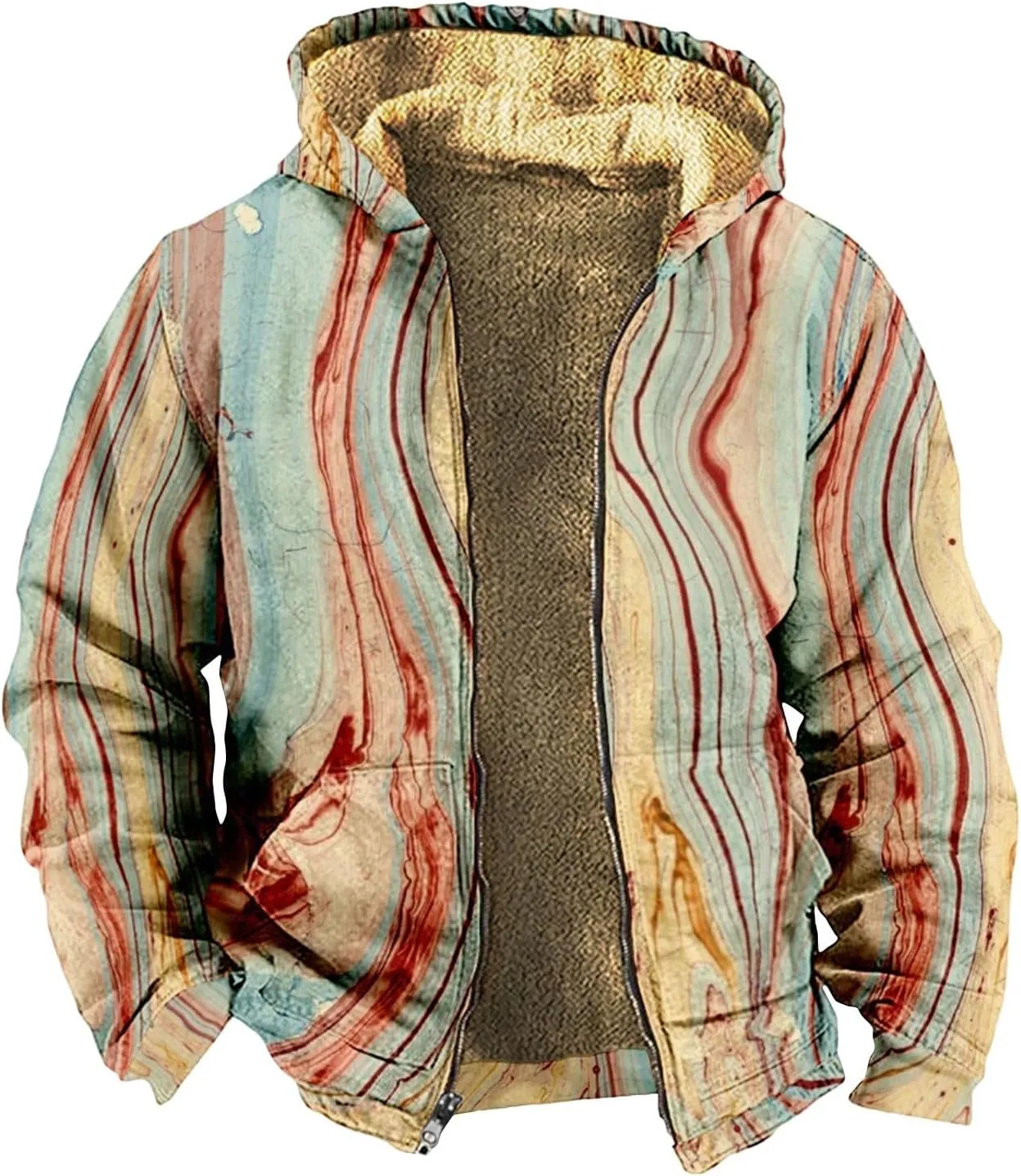Mens Fuzzy Sherpa Jacket Long Sleeve Fleece Zip Up Coat Faux Fur Cozy Outerwear Outdoor Thick Casual Hoodies Hooded