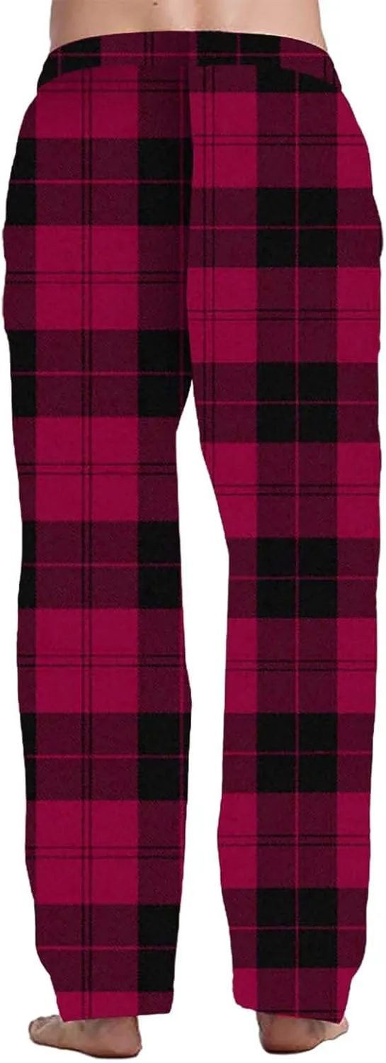 Mens Plaid Casual Pants 3D Printed Drawstring Elastic Waist Pajama Lounge Pants Big and Tall Checkered Trousers