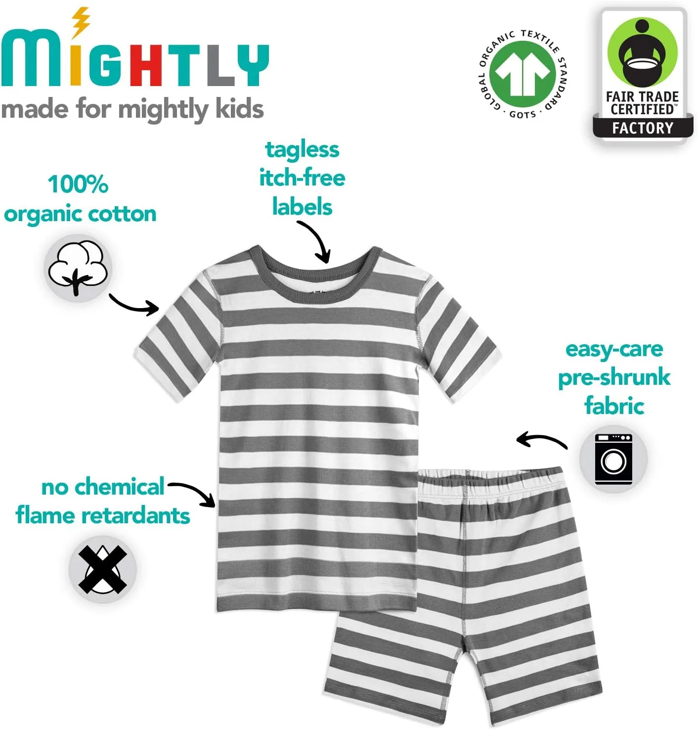 Mightly Boys and Girls' Shortie Pajamas | 100% Organic Cotton for Kids | Soft, Breathable and Comfortable Short Pajama Set