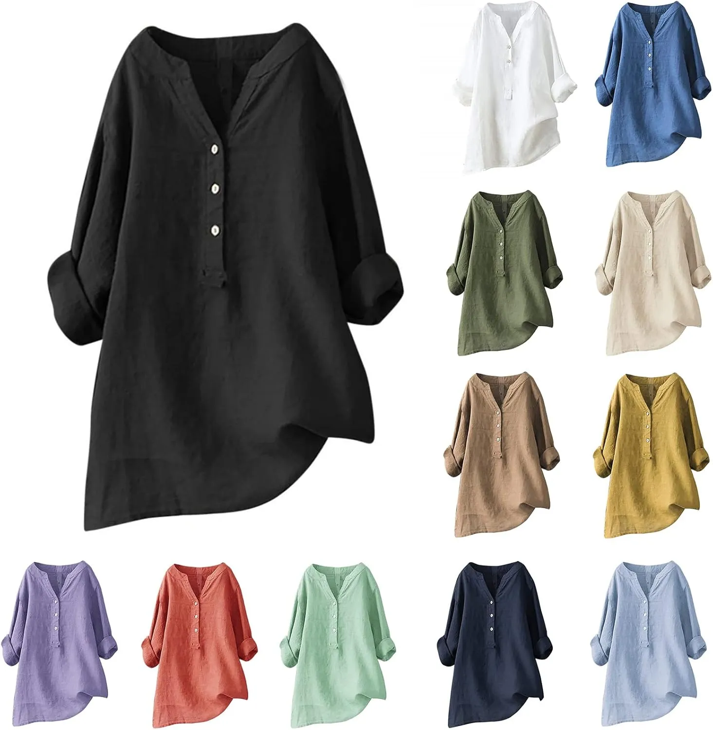 Mmoneyake Womens Cotton Linen Shirts Casual V Neck Oversized Tshirts Solid 3/4 Sleeve Tunic Tops Summer Blouses for Women