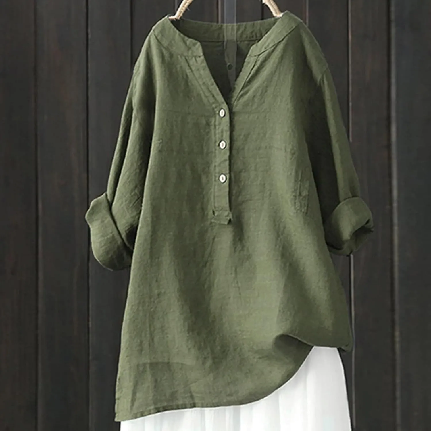 Mmoneyake Womens Cotton Linen Shirts Casual V Neck Oversized Tshirts Solid 3/4 Sleeve Tunic Tops Summer Blouses for Women