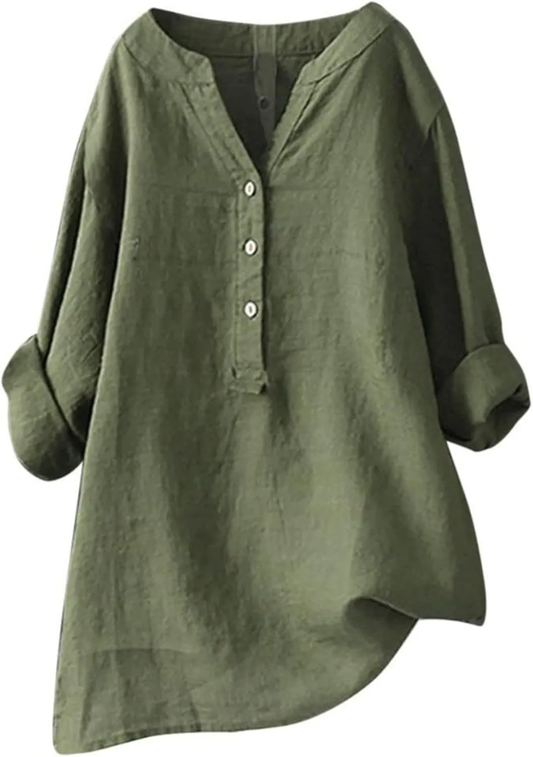 Mmoneyake Womens Cotton Linen Shirts Casual V Neck Oversized Tshirts Solid 3/4 Sleeve Tunic Tops Summer Blouses for Women