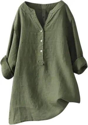 Mmoneyake Womens Cotton Linen Shirts Casual V Neck Oversized Tshirts Solid 3/4 Sleeve Tunic Tops Summer Blouses for Women