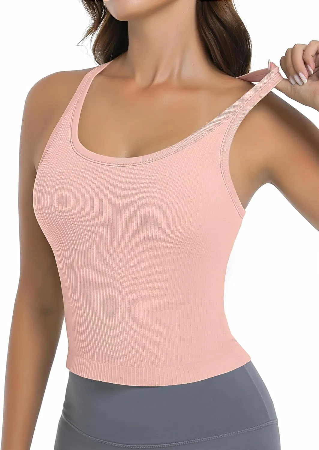 OVESPORT Seamless Worklout Tank Tops for Women with Built in Bras Racerback Yoga Sleeveless Camisole Tops