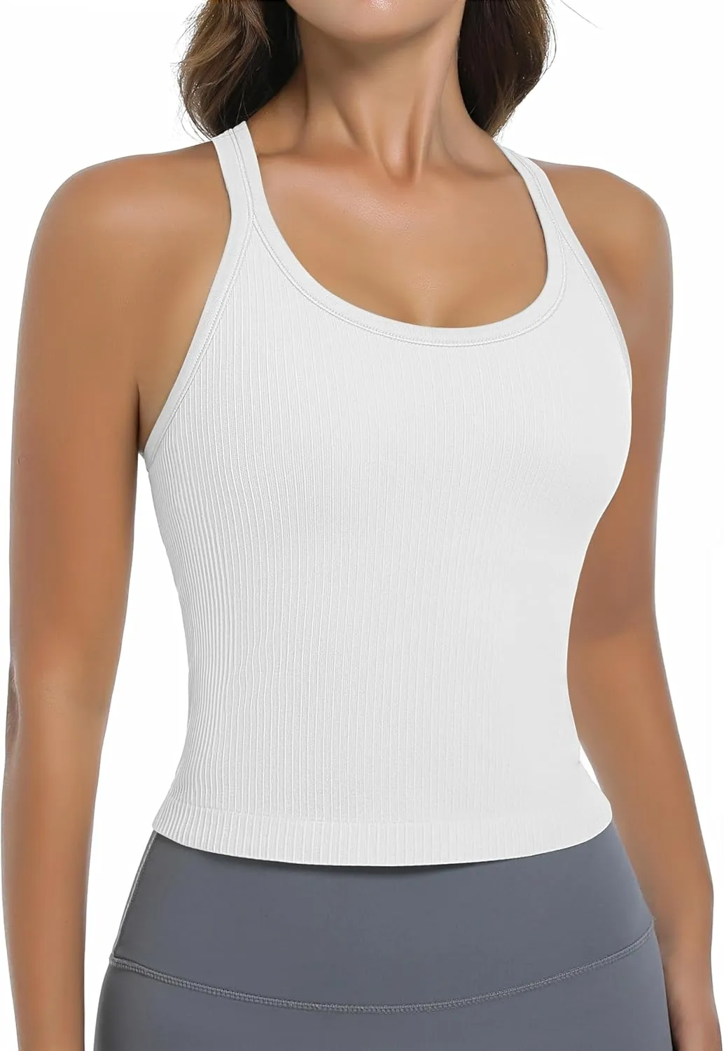 OVESPORT Seamless Worklout Tank Tops for Women with Built in Bras Racerback Yoga Sleeveless Camisole Tops