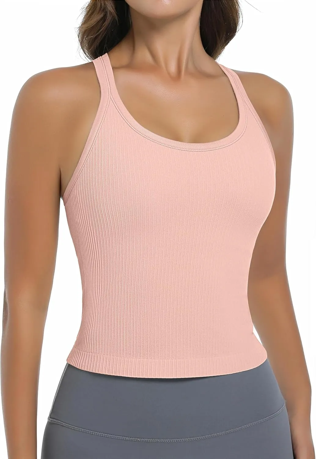 OVESPORT Seamless Worklout Tank Tops for Women with Built in Bras Racerback Yoga Sleeveless Camisole Tops