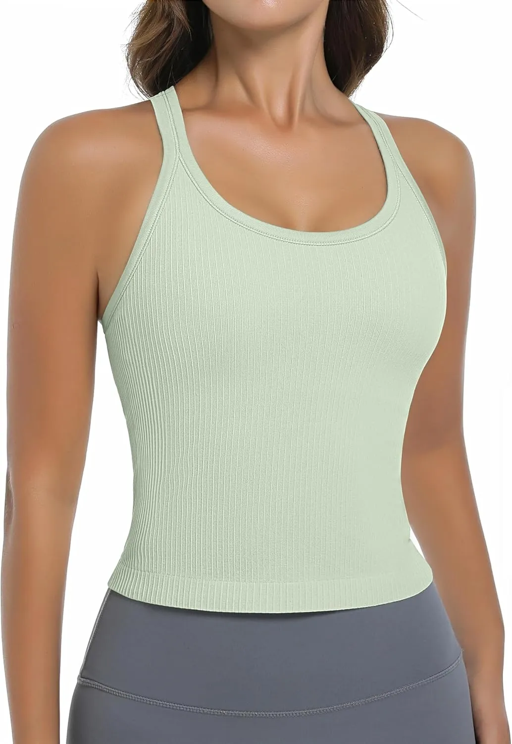 OVESPORT Seamless Worklout Tank Tops for Women with Built in Bras Racerback Yoga Sleeveless Camisole Tops