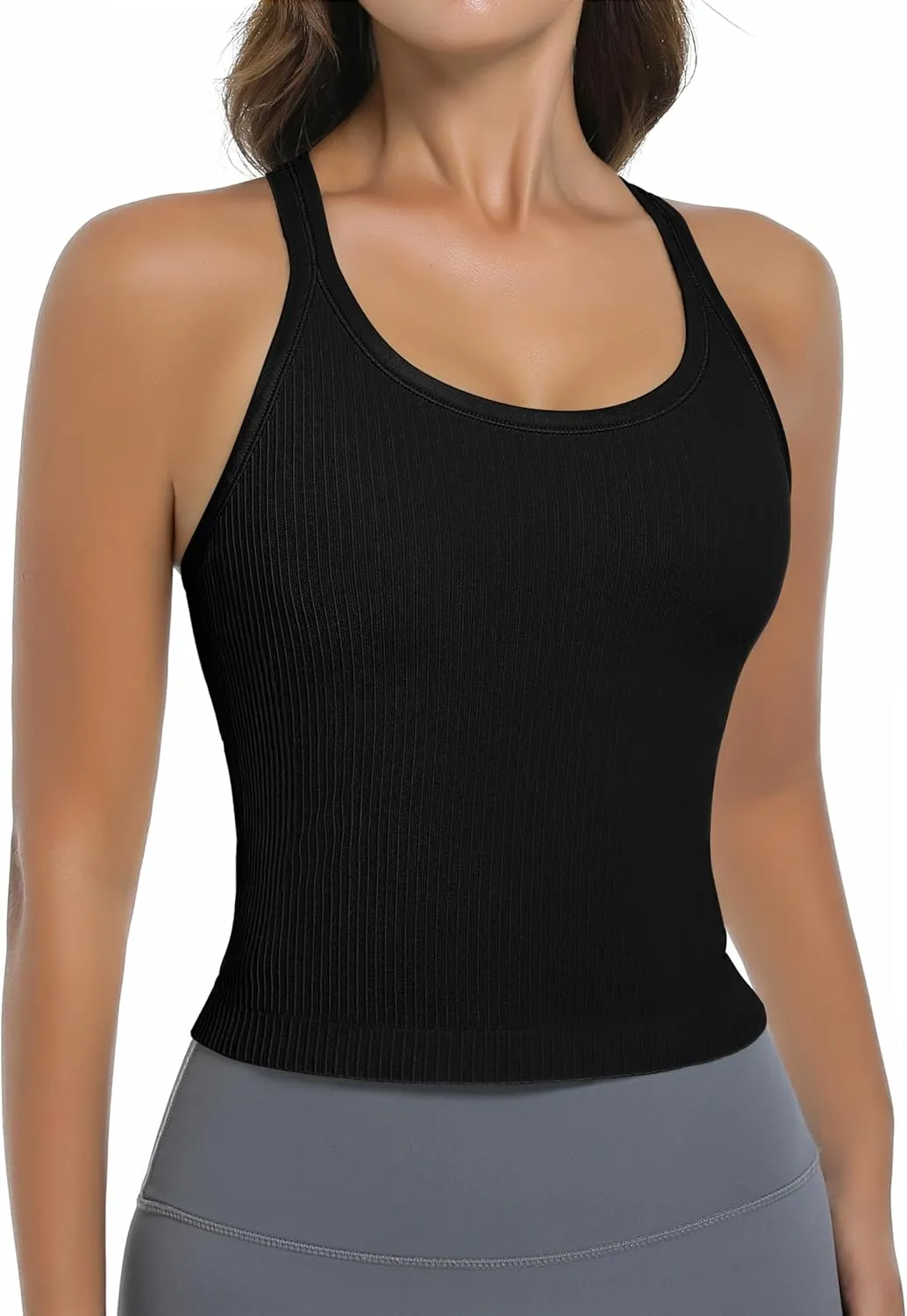 OVESPORT Seamless Worklout Tank Tops for Women with Built in Bras Racerback Yoga Sleeveless Camisole Tops