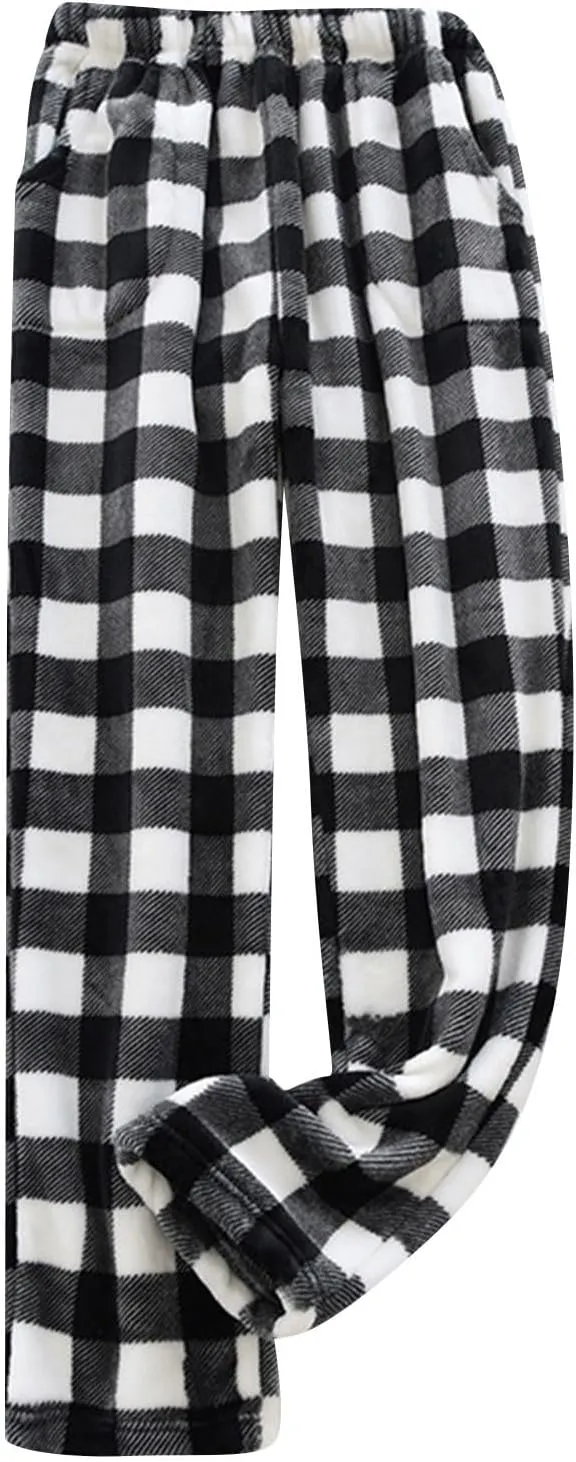 Pajama Pants for Women Flannel Pajamas Plush Sleep Pants Elastic Waist Pajama Bottoms Plaid Pants with Pockets