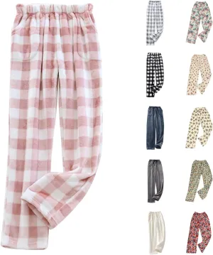 Pajama Pants for Women Flannel Pajamas Plush Sleep Pants Elastic Waist Pajama Bottoms Plaid Pants with Pockets