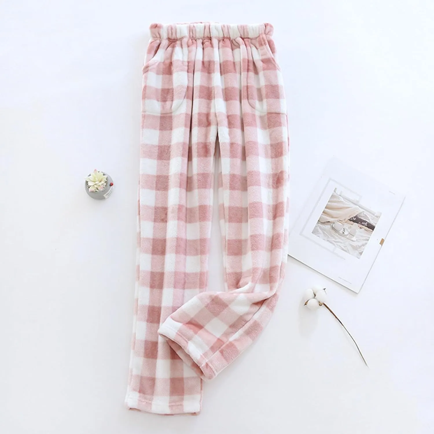 Pajama Pants for Women Flannel Pajamas Plush Sleep Pants Elastic Waist Pajama Bottoms Plaid Pants with Pockets