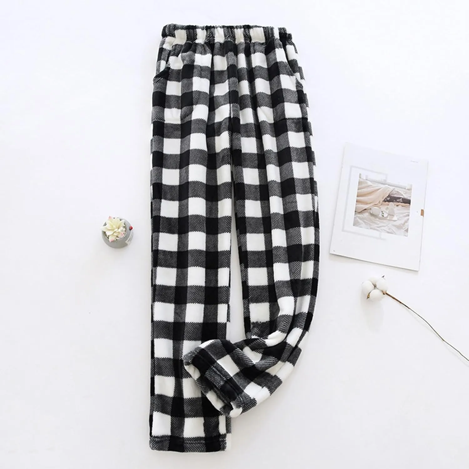 Pajama Pants for Women Flannel Pajamas Plush Sleep Pants Elastic Waist Pajama Bottoms Plaid Pants with Pockets
