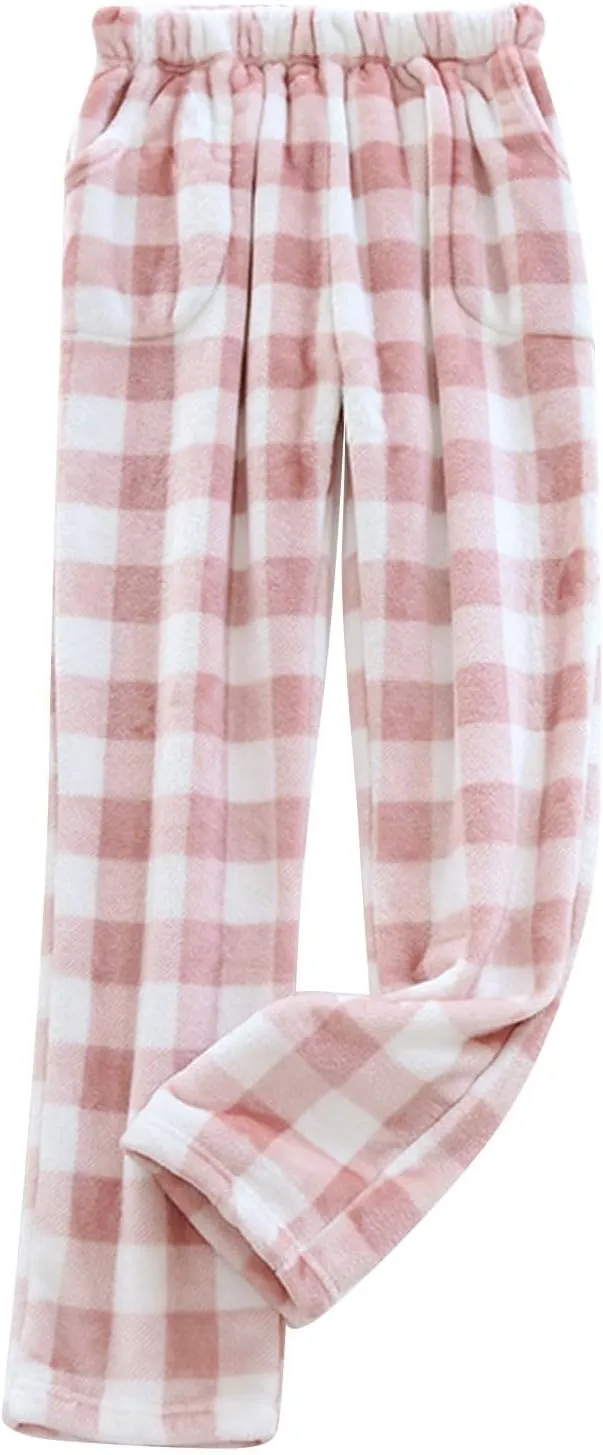 Pajama Pants for Women Flannel Pajamas Plush Sleep Pants Elastic Waist Pajama Bottoms Plaid Pants with Pockets