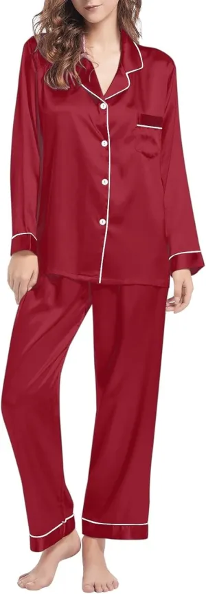 Pajamas for Women Set,Women's Button Down Satin Silk 2c Sleepwear Pants Sets Long Sleeve V Neck Loungewear Nightwear