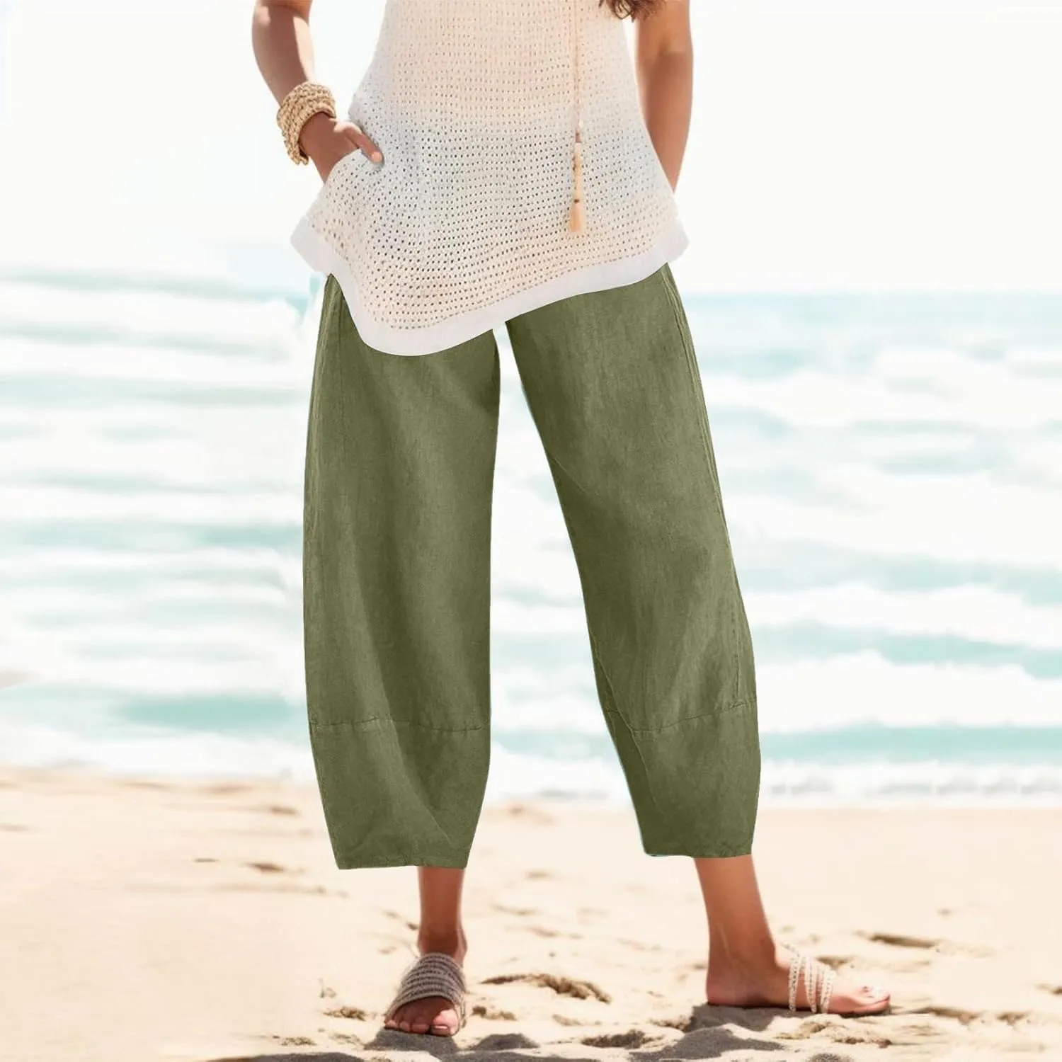 Pant Women Waist Crop Loose Colour Pure and Pants Elastic with Pocket Women Casual Pants Scrub Pants for Women